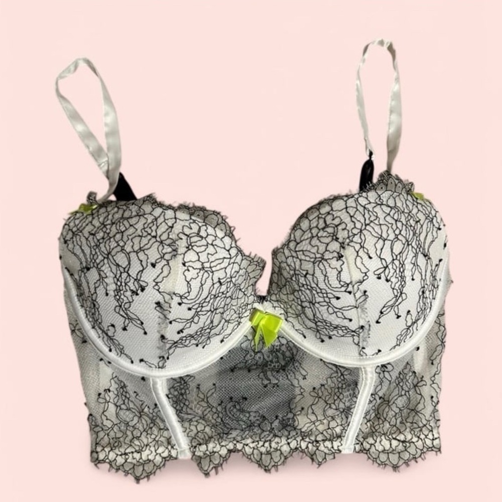 Victoria’s Secret corset Elegant Lace Bra - White & Black with green/yellow Bow
